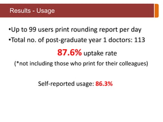 Results - Usage 
•Up to 99 users print rounding report per day 
•Total no. of post-graduate year 1 doctors: 113 
87.6%uptake rate 
(*not including those who print for their colleagues) 
Self-reported usage: 86.3% 
 