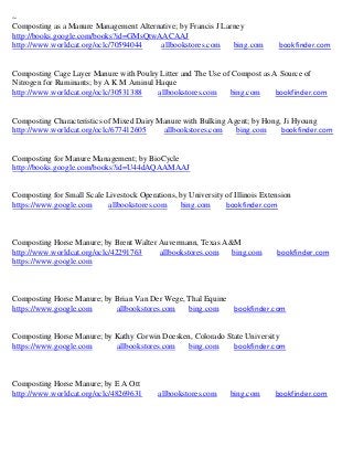 ~
Composting as a Manure Management Alternative; by Francis J Larney
http://books.google.com/books?id=GMsQtwAACAAJ
http://www.worldcat.org/oclc/70594044   allbookstores.com      bing.com         bookfinder.com


Composting Cage Layer Manure with Poulry Litter and The Use of Compost as A Source of
Nitrogen for Ruminants; by A K M Aminul Haque
http://www.worldcat.org/oclc/30531388   allbookstores.com     bing.com     bookfinder.com


Composting Characteristics of Mixed Dairy Manure with Bulking Agent; by Hong, Ji Hyoung
http://www.worldcat.org/oclc/677412605     allbookstores.com    bing.com     bookfinder.com


Composting for Manure Management; by BioCycle
http://books.google.com/books?id=U44dAQAAMAAJ


Composting for Small Scale Livestock Operations, by University of Illinois Extension
https://www.google.com      allbookstores.com    bing.com      bookfinder.com



Composting Horse Manure; by Brent Walter Auvermann, Texas A&M
http://www.worldcat.org/oclc/42291763    allbookstores.com  bing.com           bookfinder.com
https://www.google.com



Composting Horse Manure; by Brian Van Der Wege, Thal Equine
https://www.google.com      allbookstores.com   bing.com    bookfinder.com


Composting Horse Manure; by Kathy Corwin Doesken, Colorado State University
https://www.google.com      allbookstores.com  bing.com      bookfinder.com



Composting Horse Manure; by E A Ott
http://www.worldcat.org/oclc/48269631      allbookstores.com     bing.com      bookfinder.com
 