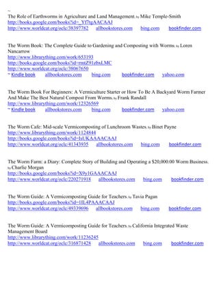 ~
The Role of Earthworms in Agriculture and Land Management; by Mike Temple-Smith
http://books.google.com/books?id=_Yf7tgAACAAJ
http://www.worldcat.org/oclc/38397782    allbookstores.com    bing.com    bookfinder.com


The Worm Book: The Complete Guide to Gardening and Composting with Worms; by Loren
Nancarrow
http://www.librarything.com/work/653193
http://books.google.com/books?id=rmtZ91zbxLMC
http://www.worldcat.org/oclc/38067650
~ Kindle book     allbookstores.com   bing.com    bookfinder.com    yahoo.com


The Worm Book For Beginners: A Vermiculture Starter or How To Be A Backyard Worm Farmer
And Make The Best Natural Compost From Worms; by Frank Randall
http://www.librarything.com/work/12326569
~ Kindle book     allbookstores.com   bing.com      bookfinder.com   yahoo.com


The Worm Cafe: Mid-scale Vermicomposting of Lunchroom Wastes; by Binet Payne
http://www.librarything.com/work/1124844
http://books.google.com/books?id=IsUKAAAACAAJ
http://www.worldcat.org/oclc/41343935    allbookstores.com bing.com      bookfinder.com


The Worm Farm: a Diary: Complete Story of Building and Operating a $20,000.00 Worm Business ;
by Charlie Morgan
http://books.google.com/books?id=X9y1GAAACAAJ
http://www.worldcat.org/oclc/220271918   allbookstores.com    bing.com      bookfinder.com


The Worm Guide: A Vermicomposting Guide for Teachers; by Tavia Pagan
http://books.google.com/books?id=1IL4PAAACAAJ
http://www.worldcat.org/oclc/49339696  allbookstores.com    bing.com      bookfinder.com


The Worm Guide: A Vermicomposting Guide for Teachers; by California Integrated Waste
Management Board
http://www.librarything.com/work/11236245
http://www.worldcat.org/oclc/316871428    allbookstores.com   bing.com       bookfinder.com
 