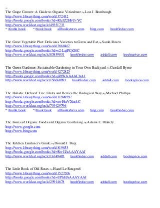 ~
The Grape Grower: A Guide to Organic Viticulture; by Lon J. Rombough
http://www.librarything.com/work/372432
http://books.google.com/books?id=RlcIZ2HbUvYC
http://www.worldcat.org/oclc/49351733
~ Kindle book     ~ Nook book    allbookstores.com     bing.com    bookfinder.com


The Great Vegetable Plot: Delicious Varieties to Grow and Eat; by Sarah Raven
http://www.librarything.com/work/2860467
http://books.google.com/books?id=s2-LajPCjG8C
http://www.worldcat.org/oclc/85839031      bookfinder.com       addall.com    booksprice.com


The Green Gardener: Sustainable Gardening in Your Own Backyard; by Cundall Byrne
http://www.librarything.com/work/4272825
http://books.google.com/books?id=jRfWAAAACAAJ
http://www.worldcat.org/oclc/156660891    bookfinder.com    addall.com      booksprice.com


The Holistic Orchard: Tree Fruits and Berries the Biological Way; by Michael Phillips
http://www.librarything.com/work/11949597
http://books.google.com/books?id=zwHotVXtnfsC
http://www.worldcat.org/oclc/719429796
~ Kindle book     ~ Nook book      allbookstores.com     bing.com      bookfinder.com


The Issues of Organic Foods and Organic Gardening; by Adams E. Blakely
http://www.google.com
http://www.bing.com


The Kitchen Gardener's Guide; by Donald J. Berg
http://www.librarything.com/work/819853
http://books.google.com/books?id=Rw1IAAAAYAAJ
http://www.worldcat.org/oclc/16349405      bookfinder.com     addall.com      booksprice.com


The Little Book of Old Roses; by Hazel Le Rougetel
http://www.librarything.com/work/1527206
http://books.google.com/books?id=UPhHAAAAYAAJ
http://www.worldcat.org/oclc/25914678      bookfinder.com     addall.com      booksprice.com
 