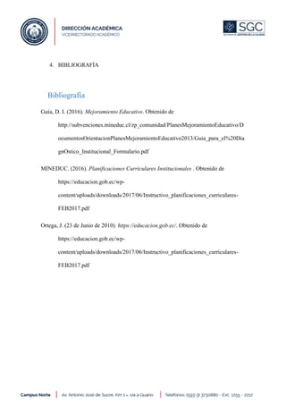 4. BIBLIOGRAFÍA
Bibliografía
Guía, D. I. (2016). Mejoramiento Educativo. Obtenido de
http://subvenciones.mineduc.cl/zp_comunidad/PlanesMejoramientoEducativo/D
ocumentosOrientacionPlanesMejoramientoEducativo2013/Guia_para_el%20Dia
gnOstico_Institucional_Formulario.pdf
MINEDUC. (2016). Planificaciones Curriculares Institucionales . Obtenido de
https://educacion.gob.ec/wp-
content/uploads/downloads/2017/06/Instructivo_planificaciones_curriculares-
FEB2017.pdf
Ortega, J. (23 de Junio de 2010). https://educacion.gob.ec/. Obtenido de
https://educacion.gob.ec/wp-
content/uploads/downloads/2017/06/Instructivo_planificaciones_curriculares-
FEB2017.pdf
 