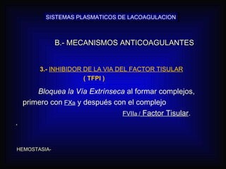 HEMOSTASIA- 3.-  INHIBIDOR DE LA VIA DEL FACTOR TISULAR   ( TFPI ) Bloquea la Vía Extrínseca  al formar complejos,  primero con   FX a  y después con el complejo    FVII a /  Factor Tisular . .  B.- MECANISMOS ANTICOAGULANTES SISTEMAS PLASMATICOS DE LACOAGULACION 