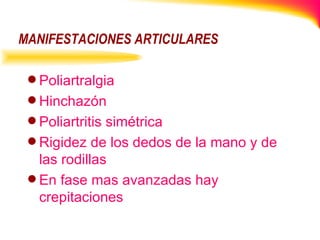 MANIFESTACIONES ARTICULARES Poliartralgia Hinchazón Poliartritis simétrica Rigidez de los dedos de la mano y de las rodillas En fase mas avanzadas hay crepitaciones 