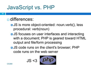 JavaScript vs. PHP
 differences:
 JS is more object-oriented: noun.verb(), less
procedural: verb(noun)
 JS focuses on user interfaces and interacting
with a document; PHP is geared toward HTML
output and file/form processing
 JS code runs on the client's browser; PHP
code runs on the web server
CS380
10
JS <3
 