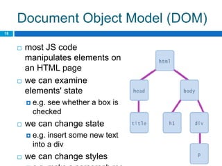 Document Object Model (DOM)
 most JS code
manipulates elements on
an HTML page
 we can examine
elements' state
 e.g. see whether a box is
checked
 we can change state
 e.g. insert some new text
into a div
 we can change styles
18
 