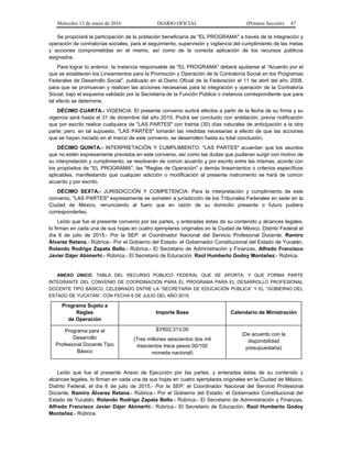 Miércoles 13 de enero de 2016 DIARIO OFICIAL (Primera Sección) 47
Se propiciará la participación de la población beneficiaria de "EL PROGRAMA" a través de la integración y
operación de contralorías sociales, para el seguimiento, supervisión y vigilancia del cumplimiento de las metas
y acciones comprometidas en el mismo, así como de la correcta aplicación de los recursos públicos
asignados.
Para lograr lo anterior, la instancia responsable de "EL PROGRAMA" deberá ajustarse al “Acuerdo por el
que se establecen los Lineamientos para la Promoción y Operación de la Contraloría Social en los Programas
Federales de Desarrollo Social”, publicado en el Diario Oficial de la Federación el 11 de abril del año 2008,
para que se promuevan y realicen las acciones necesarias para la integración y operación de la Contraloría
Social, bajo el esquema validado por la Secretaría de la Función Pública o instancia correspondiente que para
tal efecto se determine.
DÉCIMO CUARTA.- VIGENCIA: El presente convenio surtirá efectos a partir de la fecha de su firma y su
vigencia será hasta el 31 de diciembre del año 2015. Podrá ser concluido con antelación, previa notificación
que por escrito realice cualquiera de "LAS PARTES" con treinta (30) días naturales de anticipación a la otra
parte; pero, en tal supuesto, "LAS PARTES" tomarán las medidas necesarias a efecto de que las acciones
que se hayan iniciado en el marco de este convenio, se desarrollen hasta su total conclusión.
DÉCIMO QUINTA.- INTERPRETACIÓN Y CUMPLIMIENTO: "LAS PARTES" acuerdan que los asuntos
que no estén expresamente previstos en este convenio, así como las dudas que pudieran surgir con motivo de
su interpretación y cumplimiento, se resolverán de común acuerdo y por escrito entre las mismas, acorde con
los propósitos de "EL PROGRAMA", las "Reglas de Operación" y demás lineamientos o criterios específicos
aplicables, manifestando que cualquier adicción o modificación al presente instrumento se hará de común
acuerdo y por escrito.
DÉCIMO SEXTA.- JURISDICCIÓN Y COMPETENCIA: Para la interpretación y cumplimiento de este
convenio, "LAS PARTES" expresamente se someten a jurisdicción de los Tribunales Federales en sede en la
Ciudad de México, renunciando al fuero que en razón de su domicilio presente o futuro pudiera
corresponderles.
Leído que fue el presente convenio por las partes, y enteradas éstas de su contenido y alcances legales,
lo firman en cada una de sus hojas en cuatro ejemplares originales en la Ciudad de México, Distrito Federal el
día 6 de julio de 2015.- Por la SEP: el Coordinador Nacional del Servicio Profesional Docente, Ramiro
Álvarez Retana.- Rúbrica.- Por el Gobierno del Estado: el Gobernador Constitucional del Estado de Yucatán,
Rolando Rodrigo Zapata Bello.- Rúbrica.- El Secretario de Administración y Finanzas, Alfredo Francisco
Javier Dájer Abimerhi.- Rúbrica.- El Secretario de Educación, Raúl Humberto Godoy Montañez.- Rúbrica.
ANEXO ÚNICO, TABLA DEL RECURSO PÚBLICO FEDERAL QUE SE APORTA, Y QUE FORMA PARTE
INTEGRANTE DEL CONVENIO DE COORDINACIÓN PARA EL PROGRAMA PARA EL DESARROLLO PROFESIONAL
DOCENTE TIPO BÁSICO, CELEBRADO ENTRE LA “SECRETARÍA DE EDUCACIÓN PÚBLICA” Y EL “GOBIERNO DEL
ESTADO DE YUCATÁN”, CON FECHA 6 DE JULIO DEL AÑO 2015.
Programa Sujeto a
Reglas
de Operación
Importe Base Calendario de Ministración
Programa para el
Desarrollo
Profesional Docente Tipo
Básico
$3'602,313.00
(Tres millones seiscientos dos mil
trescientos trece pesos 00/100
moneda nacional)
(De acuerdo con la
disponibilidad
presupuestaria)
Leído que fue el presente Anexo de Ejecución por las partes, y enteradas éstas de su contenido y
alcances legales, lo firman en cada una de sus hojas en cuatro ejemplares originales en la Ciudad de México,
Distrito Federal, el día 6 de julio de 2015.- Por la SEP: el Coordinador Nacional del Servicio Profesional
Docente, Ramiro Álvarez Retana.- Rúbrica.- Por el Gobierno del Estado: el Gobernador Constitucional del
Estado de Yucatán, Rolando Rodrigo Zapata Bello.- Rúbrica.- El Secretario de Administración y Finanzas,
Alfredo Francisco Javier Dájer Abimerhi.- Rúbrica.- El Secretario de Educación, Raúl Humberto Godoy
Montañez.- Rúbrica.
 