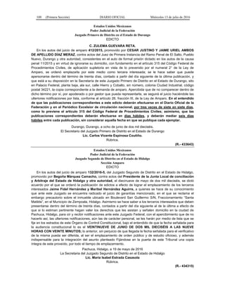 100 (Primera Sección) DIARIO OFICIAL Miércoles 13 de julio de 2016
Estados Unidos Mexicanos
Poder Judicial de la Federación
Juzgado Primero de Distrito en el Estado de Durango
EDICTO
C. ZULEMA GUEVARA RETA.
En los autos del juicio de amparo 412/2015, promovido por CESAR JUSTINO Y JAIME URIEL AMBOS
DE APELLIDO DÍAZ MERAZ, contra actos del Juez de Primera Instancia del Ramo Penal de El Salto, Pueblo
Nuevo, Durango y otra autoridad, consistentes en el auto de formal prisión dictado en los autos de la causa
penal 11/2015 y en virtud de ignorarse su domicilio, con fundamento en el artículo 315 del Código Federal de
Procedimientos Civiles, de aplicación supletoria en vista de lo prevenido por el numeral 2° de la Ley de
Amparo, se ordenó emplazarla por este medio como tercera interesada; se le hace saber que puede
apersonarse dentro del término de treinta días, contado a partir del día siguiente de la última publicación, y
que está a su disposición en la Secretaría de este Juzgado Primero de Distrito en el Estado de Durango, sito
en Palacio Federal, planta baja, ala sur, calle Hierro y Cobalto, sin número, colonia Ciudad Industrial, código
postal 34221, la copia correspondiente a la demanda de amparo. Apercibida que de no comparecer dentro de
dicho término por sí, por apoderado o por gestor que pueda representarla, se seguirá el juicio haciéndole las
ulteriores notificaciones por lista, conforme al artículo 26, fracción III, de la Ley de Amparo. En el entendido
de que las publicaciones correspondientes a este edicto deberán efectuarse en el Diario Oficial de la
Federación y en el Periódico Excelsior de circulación nacional, por tres veces de siete en siete días,
como lo previene el artículo 315 del Código Federal de Procedimientos Civiles; asimismo, que las
publicaciones correspondientes deberán efectuarse en días hábiles, y deberán mediar seis días
hábiles entre cada publicación, sin considerar aquella fecha en que se publique cada ejemplar.
Durango, Durango, a ocho de junio de dos mil dieciséis.
El Secretario del Juzgado Primero de Distrito en el Estado de Durango
Lic. Carlos Vicente Espinosa Coutiño.
Rúbrica.
(R.- 433643)
Estados Unidos Mexicanos
Poder Judicial de la Federación
Juzgado Segundo de Distrito en el Estado de Hidalgo
Sección Amparo
EDICTO
En los autos del juicio de amparo 132/2016-5, del Juzgado Segundo de Distrito en el Estado de Hidalgo,
promovido por Begoña Márquez Camacho, contra actos del Presidente de la Junta Local de conciliación
y Arbitraje del Estado de Hidalgo y otra autoridad, el diecinueve de mayo de dos mil dieciséis, se dictó
acuerdo por el que se ordenó la publicación de edictos a efecto de lograr el emplazamiento de los terceros
interesados Jaime Fidel Hernández y Maribel Hernández Aguirre, a quienes se hace de su conocimiento
que ante este Juzgado se encuentra radicado el juicio de garantías mencionado, en el que se reclama el
embargo precautorio sobre el inmueble ubicado en Boulevard San Guillermo S/N, Fraccionamiento “Santa
Matilde”, en el Municipio de Zempoala, Hidalgo. Asimismo se hace saber a los terceros interesados que deben
presentarse dentro del término de treinta días, contados a partir del día siguiente al de la última a efecto de
que si lo estiman pertinente hagan valer los derechos que les asistan y señalen domicilio en la ciudad de
Pachuca, Hidalgo, para oír y recibir notificaciones ante este Juzgado Federal, con el apercibimiento que de no
hacerlo así, las ulteriores notificaciones, aún las de carácter personal, se les harán por medio de lista que se
fije en los estrados de este Órgano de Control Constitucional, bajo el entendido de que la fecha señalada para
la audiencia constitucional lo es el VEINTINUEVE DE JUNIO DE DOS MIL DIECISÉIS A LAS NUEVE
HORAS CON VEINTE MINUTOS; lo anterior, sin perjuicio de que llegada la fecha señalada para el verificativo
de la misma pueda ser diferida, al ser el emplazamiento de orden público y de estudio oficioso, y además
indispensable para la integración del asunto planteado Fijándose en la puerta de este Tribunal una copia
íntegra de este proveído, por todo el tiempo de emplazamiento.
Pachuca, Hidalgo, a 19 de mayo de 2016
La Secretaria del Juzgado Segundo de Distrito en el Estado de Hidalgo
Lic. María Isabel Estrada Casasola
Rúbrica.
(R.- 434315)
 