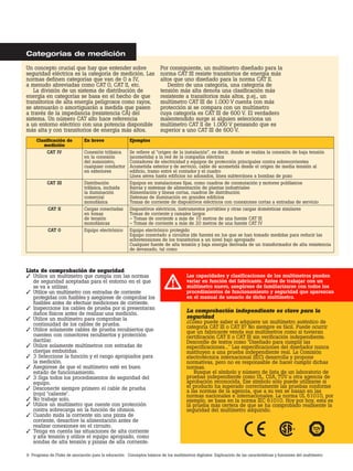 Lista de comprobación de seguridad
3 	Utilice un multímetro que cumpla con las normas
de seguridad aceptadas para el entorno en el que
se va a utilizar.
3 	Utilice un multímetro con entradas de corriente
protegidas con fusibles y asegúrese de comprobar los
fusibles antes de efectuar mediciones de corriente.
3 	Inspeccione los cables de prueba por si presentaran
daños físicos antes de realizar una medición.
3 	Utilice un multímetro para comprobar la
continuidad de los cables de prueba.
3 	Utilice solamente cables de prueba recubiertos que
cuenten con conectores recubiertos y protección
dactilar.
3 	Utilice solamente multímetros con entradas de
clavijas embutidas.
3 	3 Seleccione la función y el rango apropiados para
la medición.
3 	Asegúrese de que el multímetro esté en buen
estado de funcionamiento.
3 	3 Siga todos los procedimientos de seguridad del
equipo.
3 	Desconecte siempre primero el cable de prueba
(rojo) "caliente".
3 	No trabaje solo.
3 	Utilice un multímetro que cuente con protección
contra sobrecarga en la función de ohmios.
3 	Cuando mida la corriente sin una pinza de
corriente, desactive la alimentación antes de
realizar conexiones en el circuito.
3 	Tenga en cuenta las situaciones de alta corriente
y alta tensión y utilice el equipo apropiado, como
sondas de alta tensión y pinzas de alta corriente.
Las capacidades y clasificaciones de los multímetros pueden
variar en función del fabricante. Antes de trabajar con un
multímetro nuevo, asegúrese de familiarizarse con todos los
procedimientos de funcionamiento y seguridad que aparezcan
en el manual de usuario de dicho multímetro.
La comprobación independiente es clave para la
seguridad
¿Cómo puede saber si adquiere un multímetro auténtico de
categoría CAT III o CAT II? No siempre es fácil. Puede ocurrir
que un fabricante venda sus multímetros como si tuvieran
certificación CAT II o CAT III sin verificación independiente.
Desconfíe de textos como "Diseñado para cumplir las
especificaciones..." Las especificaciones del diseñador nunca
sustituyen a una prueba independiente real. La Comisión
electrotécnica internacional (IEC) desarrolla y propone
normativas, pero no es responsable de hacer cumplir dichas
normas.
Busque el símbolo y número de lista de un laboratorio de
pruebas independiente como UL, CSA, TÜV u otra agencia de
aprobación reconocida. Ese símbolo sólo puede utilizarse si
el producto ha superado correctamente las pruebas conforme
a las normas de la agencia, que a su vez se basan en las
normas nacionales e internacionales. La norma UL 61010, por
ejemplo, se basa en la norma IEC 61010. Hoy por hoy, esta es
la prueba más certera de que se ha comprobado realmente la
seguridad del multímetro adquirido.
6 Programa de Fluke de asociación para la educación Conceptos básicos de los multímetros digitales: Explicación de las características y funciones del multímetro
Categorías de medición
Un concepto crucial que hay que entender sobre
seguridad eléctrica es la categoría de medición. Las
normas definen categorías que van de 0 a IV,
a menudo abreviadas como CAT 0, CAT II, etc.
La división de un sistema de distribución de
energía en categorías se basa en el hecho de que
transitorios de alta energía peligrosos como rayos,
se atenuarán o amortiguarán a medida que pasen
a través de la impedancia (resistencia CA) del
sistema. Un número CAT alto hace referencia
a un entorno eléctrico con una potencia disponible
más alta y con transitorios de energía más altos.
Por consiguiente, un multímetro diseñado para la
norma CAT III resiste transitorios de energía más
altos que uno diseñado para la norma CAT II.
Dentro de una categoría, una categoría de
tensión más alta denota una clasificación más
resistente a transitorios más altos, p.ej., un
multímetro CAT III de 1.000 V cuenta con más
protección si se compara con un multímetro
cuya categoría es CAT III de 600 V. El verdadero
malentendido surge si alguien selecciona un
multímetro CAT II de 1.000 V pensando que es
superior a uno CAT III de 600 V.
Clasificación de
medición
En breve Ejemplos
CAT IV Conexión trifásica
en la conexión
del suministro,
cualquier conductor
en exteriores
Se refiere al “origen de la instalación”, es decir, donde se realiza la conexión de baja tensión
(acometida) a la red de la compañía eléctrica
Contadores de electricidad y equipos de protección principales contra sobrecorrientes
Acometida exterior y de servicio, cable de acometida desde el origen de media tensión al
edificio, tramo entre el contador y el cuadro
Línea aérea hasta edificios no adosados, línea subterránea a bombas de pozo
CAT III Distribución
trifásica, incluida
la iluminación
comercial
monofásica
Equipos en instalaciones fijas, como cuadros de conmutación y motores polifásicos
Barras y sistemas de alimentación de plantas industriales
Alimentación y líneas cortas, cuadros de distribución
Sistemas de iluminación en grandes edificios
Tomas de corriente de dispositivos eléctricos con conexiones cortas a entradas de servicio
CAT II Cargas conectadas
en tomas
de tensión
monofásicas
Dispositivos eléctricos, instrumentos portátiles y otras cargas domésticas similares
Tomas de corriente y ramales largos
– Tomas de corriente a más de 10 metros de una fuente CAT III
– Tomas de corriente a más de 20 metros de una fuente CAT IV
CAT 0 Equipo electrónico Equipo electrónico protegido
Equipo conectado a circuitos (de fuente) en los que se han tomado medidas para reducir las
sobretensiones de los transitorios a un nivel bajo apropiado
Cualquier fuente de alta tensión y baja energía derivada de un transformador de alta resistencia
de devanado, tal como
 