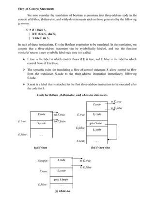 Flow-of-Control Statements
We now consider the translation of boolean expressions into three-address code in the
context of if-then, if-then-else, and while-do statements such as those generated by the following
grammar:
S  if E then S1
| if E then S1 else S2
| while E do S1
In each of these productions, E is the Boolean expression to be translated. In the translation, we
assume that a three-address statement can be symbolically labeled, and that the function
newlabel returns a new symbolic label each time it is called.
 E.true is the label to which control flows if E is true, and E.false is the label to which
control flows if E is false.
 The semantic rules for translating a flow-of-control statement S allow control to flow
from the translation S.code to the three-address instruction immediately following
S.code.
 S.next is a label that is attached to the first three-address instruction to be executed after
the code for S.
Code for if-then , if-then-else, and while-do statements
to E.true
to E.false
to E.true E.true:
E.true : to E.false
E.false:
E.false : . . .
S.next: . . .
(a) if-then (b) if-then-else
S.begin: to E.true
to E.false
E.true:
E.false: . . .
(c) while-do
E.code
S1.code
E.code
S1.code
goto S.next
S2.code
E.code
S1.code
goto S.begin
NOTES.PMR-INSIGNIA.ORG
 
