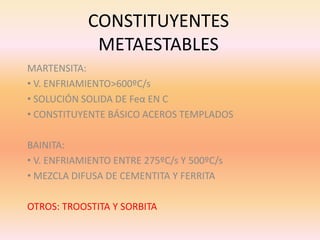 CONSTITUYENTES
METAESTABLES
MARTENSITA:
• V. ENFRIAMIENTO>600ºC/s
• SOLUCIÓN SOLIDA DE Feα EN C
• CONSTITUYENTE BÁSICO ACEROS TEMPLADOS
BAINITA:
• V. ENFRIAMIENTO ENTRE 275ºC/s Y 500ºC/s
• MEZCLA DIFUSA DE CEMENTITA Y FERRITA
OTROS: TROOSTITA Y SORBITA
 
