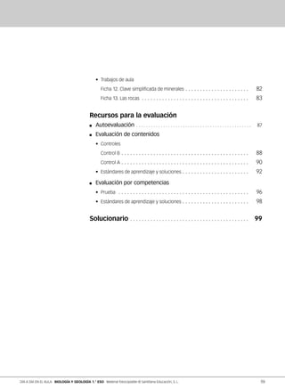 •	 Trabajos de aula
	 Ficha 12. Clave simplificada de minerales. . . . . . . . . . . . . . . . . . . . . . . 	82
	 Ficha 13. Las rocas . . . . . . . . . . . . . . . . . . . . . . . . . . . . . . . . . . . . . . 	83
Recursos para la evaluación
	Autoevaluación . . . . . . . . . . . . . . . . . . . . . . . . . . . . . . . . . . . . . . . . . . . . . . . 	87
	 Evaluación de contenidos
•	Controles
 	 Control B . . . . . . . . . . . . . . . . . . . . . . . . . . . . . . . . . . . . . . . . . . . . . 	88
 	 Control A . . . . . . . . . . . . . . . . . . . . . . . . . . . . . . . . . . . . . . . . . . . . . 	90
•	 Estándares de aprendizaje y soluciones . . . . . . . . . . . . . . . . . . . . . . . . 	92
	 Evaluación por competencias
•	Prueba . . . . . . . . . . . . . . . . . . . . . . . . . . . . . . . . . . . . . . . . . . . . . . 	96
•	 Estándares de aprendizaje y soluciones . . . . . . . . . . . . . . . . . . . . . . . . 	98
Solucionario . . . . . . . . . . . . . . . . . . . . . . . . . . . . . . . . . . . . . . . . . . 	 99
59DÍA A DÍA EN EL AULA BIOLOGÍA Y GEOLOGÍA 1.° ESO Material fotocopiable © Santillana Educación, S. L.
 