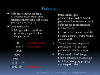 Perkalian
 Pada proses perkalian dapat
dilakukan dengan melakukan
penambahan berulang kali misal :
2*4 = 2 + 2 + 2 + 2 = 8.
 Cara Perkalian ?
 Menggunakan pendekatan
perkalian yang dilakukan
dengan pensil.
1001  multiplicand
1100 x  multiplier
0000
0000
1011
1011___ +
10000100  product
1. Perkalian meliputi
pembentukan produk-produk
parsial untuk memperoleh hasil
akhir dengan menjumlahkan
produk parsial.
2. Produk parsial adalah multiplier
bit sama dengan 0 maka produk
parsialnya 0.
3. Terjadi penggeseran produk
parsial satu bit ke kiri dari
produk parsial sebelumnya.
4. Perkalian dua buah integer
biner n-bit akan menghasilkan
bentuk produk yang panjang
nya sampai 2n-bit.
05/10/2022 00.27.56
OperasiAritmatika dan Logika Created by H L F 20
 