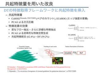 共起特徴量を用いた改良
•  DTの特徴取得フレームワークに共起特徴を挿入
–  共起特徴量
•  CoHOG[Watanabe, PSIVT2009] (ペアのカウント), ECoHOG (エッジ強度の累積)
•  PCAによる次元圧縮
–  特徴改善の効果
•  密なフロー抽出 + さらに詳細な特徴抽出
•  PCAによる効率的な特徴空間生成
•  共起特徴統合 (62.4%) > DT (59.2%)
T. Watanabe+, “Co-occurrence histograms of oriented gradients for pedestrian detection”, in PSIVT2009.
CoHOG
ECoHOG
H. Kataoka+, “Extended Co-occurrence HOG with Dense Trajectories for Fine-grained Activity
Recognition”, in ACCV2014.
 