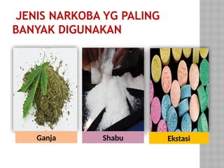 JENIS NARKOBA YG PALING
BANYAK DIGUNAKAN
Ganja Shabu Ekstasi
 