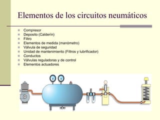 Elementos de los circuitos neumáticos
 Compresor
 Deposito (Calderín)
 Filtro
 Elementos de medida (manómetro)
 Válvula de seguridad
 Unidad de mantenimiento (Filtros y lubrificador)
 Conductos
 Válvulas reguladoras y de control
 Elementos actuadores
 