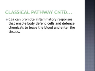  C3a can promote inflammatory responses
that enable body defend cells and defence
chemicals to leave the blood and enter the
tissues.
 