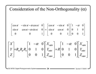 CE 59700: Digital Photogrammetric Systems Ayman F. Habib
28
Consideration of the Non-Orthogonality (α)









 −









 −
=










−
−
−
1
0
0
0
1
0
0
1
1
0
0
0
cos
sin
0
sin
cos
1
0
0
0
sin
cos
sin
0
cos
sin
cos α
κ
κ
κ
κ
κ
α
κ
κ
κ
α
κ
κ



















 −
=



















 −
=










κ
φ
ω
κ
φ
ω
κ
φ
ω
κ
φ
ω
κ
φ
ω
κ
φ
ω
κ
φ
ω
α
α
Z
Y
X
R
Z
Y
X
R
R
R
Z
Y
X
1
0
0
0
1
0
0
1
1
0
0
0
1
0
0
1
 