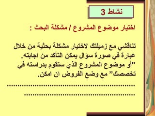 : ‫البحث‬ ‫مشكلة‬ / ‫المشروع‬ ‫موضوع‬ ‫اختيار‬
‫بحثية‬ ‫مشكلة‬ ‫الختيار‬ ‫زميلتك‬ ‫مع‬ ‫تناقشي‬
‫خالل‬ ‫من‬
.‫اجابته‬ ‫من‬ ‫التأكد‬ ‫يمكن‬ ‫سؤال‬ ‫صورة‬ ‫في‬ ‫عبارة‬
‫في‬ ‫بدراسته‬ ‫ستقوم‬ ‫الذي‬ ‫المشروع‬ ‫موضوع‬ ‫"أو‬
.‫امكن‬ ‫ان‬ ‫الفروض‬ ‫وضع‬ ‫مع‬ ”‫تخصصك‬
............................................................
....................................................
‫نشاط‬
3
 
