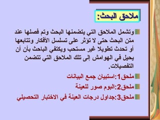 ‫عند‬ ‫فصلها‬ ‫وتم‬ ‫البحث‬ ‫يتضمنها‬ ‫التي‬ ‫المالحق‬ ‫وتشمل‬
‫وتتابعها‬ ‫األفكار‬ ‫تسلسل‬ ‫على‬ ‫تؤثر‬ ‫ال‬ ‫حتى‬ ‫البحث‬ ‫متن‬
‫أن‬ ‫بأن‬ ‫الباحث‬ ‫ويكتفي‬ ‫مستحب‬ ‫غير‬ ‫تطويال‬ ‫تحدث‬ ‫أو‬
‫تتضمن‬ ‫التي‬ ‫المالحق‬ ‫تلك‬ ‫إلى‬ ‫الهوامش‬ ‫في‬ ‫يحيل‬
.‫التفصيالت‬
‫ملحق‬
1
‫البيانات‬ ‫جمع‬ ‫استبيان‬:
‫ملحق‬
2
‫للعينة‬ ‫صور‬ ‫البوم‬:
‫ملحق‬
3
‫التحصيلي‬ ‫االختبار‬ ‫في‬ ‫العينة‬ ‫درجات‬ ‫جداول‬:
:‫البحث‬ ‫مالحق‬
:‫البحث‬ ‫مالحق‬
 