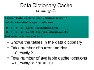 Data Dictionary Cache
onstat -g dic
• Shows the tables in the data dictionary
• Total number of current entries
– Currently 2
• Total number of available cache locations
– Currently 31 * 10 = 310
Dictionary Cache: Number of lists: 31, Maximum list size: 10
list# size refcnt dirty? heapptr table name
--------------------------------------------------------
11 1 1 no a2ecf88 d1@olympia:jmiller.t2
25 1 0 no a2ec330 d1@olympia:informix.systables
Total number of dictionary entries: 2
 