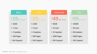 $19.99 /mon
$29.99 /mon
$49.99 /mon
$99.99 /mon
• 10GB
• 1 User
• 2 Updates
• 100 Pages
• 24h Support
• 12GB
• 3 User
• 4 Updates
• 500 Pages
• 24h Support
• 50GB
• 10 User
• 10 Updates
• 1000 Pages
• 24h Support
• 100GB
• 50 User
• 60 Updates
• 5000 Pages
• 24h Support
Basic Plus Advanced Pro
商業簡報網 韓明文 講師 / www.pook.com.tw
 