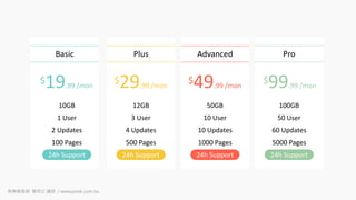 Plus Advanced Pro
$19.99 /mon
$29.99 /mon
$49.99 /mon
$99.99 /mon
10GB
1 User
2 Updates
100 Pages
12GB
3 User
4 Updates
500 Pages
50GB
10 User
10 Updates
1000 Pages
100GB
50 User
60 Updates
5000 Pages
24h Support 24h Support 24h Support 24h Support
Basic
商業簡報網 韓明文 講師 / www.pook.com.tw
 