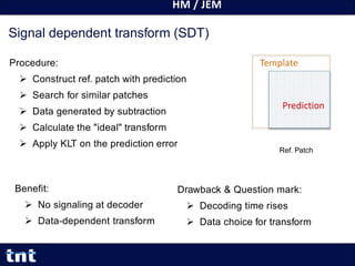 HM / JEM
25
Yiqun Liu
Yiqun.Liu@tnt.uni-hannover.de
Signal dependent transform (SDT)
Procedure:
 Construct ref. patch with prediction
 Search for similar patches
 Data generated by subtraction
 Calculate the "ideal" transform
 Apply KLT on the prediction error
Ref. Patch
Benefit:
 No signaling at decoder
 Data-dependent transform
Drawback & Question mark:
 Decoding time rises
 Data choice for transform
 