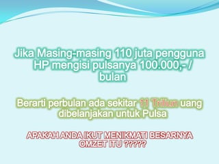 Jika Masing-masing 110 juta pengguna HP mengisi pulsanya 100.000,- / bulanBerarti perbulan ada sekitar 11 Triliun uang dibelanjakan untuk PulsaAPAKAH ANDA IKUT MENIKMATI BESARNYA OMZET ITU ?????