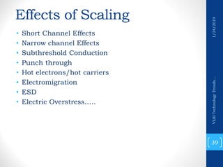 Effects of Scaling
• Short Channel Effects
• Narrow channel Effects
• Subthreshold Conduction
• Punch through
• Hot electrons/hot carriers
• Electromigration
• ESD
• Electric Overstress…..
39
VLSITechnologyTrends...1/24/2019
 