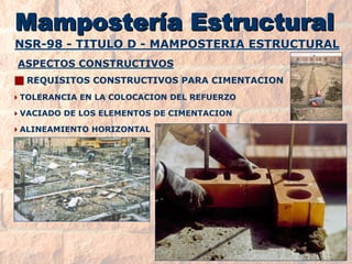 NSR-98 -TITULO D -MAMPOSTERIA ESTRUCTURALNSR-ESTRUCTURALMampostería EstructuralMamposterMamposteríía Estructurala EstructuralASPECTOS CONSTRUCTIVOS TOLERANCIA EN LA COLOCACION DEL REFUERZO VACIADO DE LOS ELEMENTOS DE CIMENTACION ALINEAMIENTO HORIZONTAL JREQUISITOS CONSTRUCTIVOS PARA CIMENTACION  
