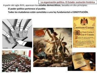 A partir del siglo XVIII, aparecen los estados democráticos, basados en dos principios:
El poder político pertenece al pueblo.
Todos los ciudadanos están sometidos a una ley fundamental o CONSTITUCIÓN.
5
La organización política. El Estado: evolución histórica
 