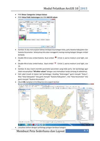 Modul Pelatihan ArcGIS 10 2015
Membuat Peta Sederhana dan Layout II . 5
 Pilih Show: Categories: Unique Values
 Pilih Value Field: keterangan dan Klik Add All values
 Gambar di atas menunjukan bahwa terdapat dua kategori kota, yaitu Ibukota Kabupaten dan
Ibukota Kecamatan. Selanjutnya kita akan mengganti masing-masing kategori dengan simbol
berbeda.
 Double Klik di atas simbol Ibukota. Buat simbol Cirlcle 3, warna medium coral light, size
14.
 Double Klik di atas simbol kedua . Buat simbol Cirlcle 2, warna medium coral light, size
14.
 Gambar di atas masih memiliki parameter-parameter yang tidak perlu. Set Symbology agar
tidak menampilkan ”All other values” dengan cara mematikan tanda centang di sebelahnya.
 Edit Label (masih di dalam tab Symbology). Heading “Keterangan” ganti menjadi “Status”,
Nilai “Kota Kabupaten” kita ganti menjadi “Ibukota Kabupaten”, nilai “Kota Kecamatan” kita
ganti menjadi “Ibukota Kecamatan”.
 Jika di OK, tampilan di ArcMap kira-kira seperti berikut
 Lanjutkan latihan dengan symbology polygon berdasar kategori.
 