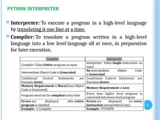 5
PYTHON INTERPRETER
 Interpreter: To execute a program in a high-level language
by translating it one line at a time.
 Compiler: To translate a program written in a high-level
language into a low level language all at once, in preparation
for later execution.
 