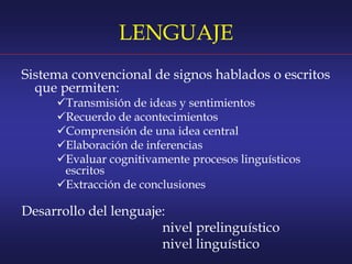 LENGUAJE
Sistema convencional de signos hablados o escritos
que permiten:
Transmisión de ideas y sentimientos
Recuerdo de acontecimientos
Comprensión de una idea central
Elaboración de inferencias
Evaluar cognitivamente procesos linguísticos
escritos
Extracción de conclusiones
Desarrollo del lenguaje:
nivel prelinguístico
nivel linguístico
 