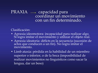 PRAXIA capacidad para
coordinar un movimiento
con un fin determinado.
Clasificación:
• Apraxia ideomotora: incapacidad para realizar algo.
Sí logra imitar el movimiento y utilizar el objeto real.
• Apraxia ideatoria: déficts en la secuencia (sucesión de
actos que conducen a un fin). No logra imitar el
movimiento.
• Limb ataxia: pérdida en la habilidad de un miembro
superior o inferior, o de la boca (imposibilidad de
realizar movimientos no linguísticos como sacar la
lengua, dar un beso)
 
