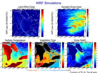 (1) Surface Emissivity Part 1 Urban   crop land  deciduous   evergreen/mixed   water Surface Temperature Vegetation Type Snow Depth WRF Simulations Courtesy of W.-K. Tao & team Lake Effect Case Synoptic Snow Case IWP (Jan 20 0400UTC) IWP (Jan 22 0600UTC) 
