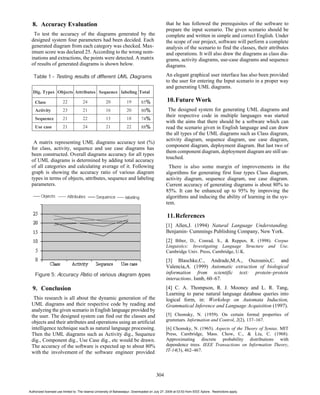 8. Accuracy Evaluation                                                                         that he has followed the prerequisites of the software to
                                                                                                 prepare the input scenario. The given scenario should be
  To test the accuracy of the diagrams generated by the                                          complete and written in simple and correct English. Under
 designed system four parameters had been decided. Each                                          the scope of our project, software will perform a complete
 generated diagram from each category was checked. Max-                                          analysis of the scenario to find the classes, their attributes
 imum score was declared 25. According to the wrong nom-                                         and operations. It will also draw the diagrams as class dia-
 inations and extractions, the points were detected. A matrix                                    grams, activity diagrams, use-case diagrams and sequence
 of results of generated diagrams is shown below.                                                diagrams.

   Table 1 - Testing results of different UML Diagrams                                           An elegant graphical user interface has also been provided
                                                                                                 to the user for entering the Input scenario in a proper way
                                                                                                 and generating UML diagrams.
  Dig. Types Objects Attributes Sequence labeling Total

    Class              22             24              20             19        85%               10.Future Work
    Activity           23             21              16             20        80%                The designed system for generating UML diagrams and
                                                                                                 their respective code in multiple languages was started
    Sequence           21             22              13             18        74%
                                                                                                 with the aims that there should be a software which can
    Use case           21             24              21             22        88%               read the scenario given in English language and can draw
                                                                                                 the all types of the UML diagrams such as Class diagram,
                                                                                                 activity diagram, sequence diagram, use case diagram,
  A matrix representing UML diagrams accuracy test (%)
                                                                                                 component diagram, deployment diagram. But last two of
 for class, activity, sequence and use case diagrams has
                                                                                                 them component diagram, deployment diagram are still un-
 been constructed. Overall diagrams accuracy for all types
                                                                                                 touched.
 of UML diagrams is determined by adding total accuracy
 of all categories and calculating average of it. Following                                       There is also some margin of improvements in the
 graph is showing the accuracy ratio of various diagram                                          algorithms for generating first four types Class diagram,
 types in terms of objects, attributes, sequence and labeling                                    activity diagram, sequence diagram, use case diagram.
 parameters.                                                                                     Current accuracy of generating diagrams is about 80% to
                                                                                                 85%. It can be enhanced up to 95% by improving the
                                                                                                 algorithms and inducing the ability of learning in the sys-
                                                                                                 tem.

                                                                                                 11.References
                                                                                                 [1] Allen,J. (1994) Natural Language Understanding.
                                                                                                 Benjamin- Cummings Publishing Company, New York.
                                                                                                 [2] Biber, D., Conrad, S., & Reppen, R. (1998). Corpus
                                                                                                 Linguistics: Investigating Language Structure and Use.
                                                                                                 Cambridge Univ. Press, Cambridge, U.K.
                                                                                                 [3] Blaschke,C., Andrade,M.A., Ouzounis,C. and
                                                                                                 Valencia,A. (1999) Automatic extraction of biological
    Figure 5: Accuracy Ratio of various diagram types                                            information from scientific text: protein–protein
                                                                                                 interactions. Ismb, 60–67.
  9. Conclusion                                                                                  [4] C. A. Thompson, R. J. Mooney and L. R. Tang,
                                                                                                 Learning to parse natural language database queries into
  This research is all about the dynamic generation of the                                       logical form, in: Workshop on Automata Induction,
 UML diagrams and their respective code by reading and                                           Grammatical Inference and Language Acquisition (1997).
 analyzing the given scenario in English language provided by
 the user. The designed system can find out the classes and                                      [5] Chomsky, N. (1959). On certain formal properties of
 objects and their attributes and operations using an artificial                                 grammars. Information and Control, 2(2), 137–167.
 intelligence technique such as natural language processing.                                     [6] Chomsky, N. (1965). Aspects of the Theory of Syntax. MIT
 Then the UML diagrams such as Activity dig., Sequence                                           Press, Cambridge, Mass. Chow, C., & Liu, C. (1968).
 dig., Component dig., Use Case dig., etc would be drawn.                                        Approximating discrete probability distributions with
 The accuracy of the software is expected up to about 80%                                        dependence trees. IEEE Transactions on Information Theory,
 with the involvement of the software engineer provided                                          IT-14(3), 462–467.




                                                                                          304


Authorized licensed use limited to: The Islamia University of Bahawalpur. Downloaded on July 27, 2009 at 03:53 from IEEE Xplore. Restrictions apply.
 