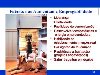 Fatores que Aumentam a Empregabilidade Liderança Criatividade Facilidade de comunicação Desenvolver competências e  energia empreendedora Habilidade de relacionamento interpessoal Ser agente de mudanças Resistência a frustração (projetos engavetados) Saber trabalhar em equipe 