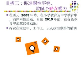目標三：促進兩性平等，   並賦予 婦女 權力  在西元  2005 年時，在小學教育及中學教育中，消除兩性差距，而在  2015 年前，在各級教育中消滅此種差距。 婦女在家庭中、工作上、以及政治參與的權利 