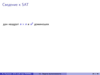 Сведение к SAT



дан квадрат n × n и n2 доминошек




А. Куликов (CS клуб при ПОМИ)   11. Задача выполнимости   20 / 30
 