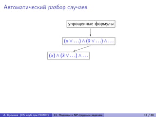 Автоматический разбор случаев

                                            упрощенные формулы

                                                            ?
                                         (x ∨ . . .) ∧ (¯ ∨ . . .) ∧ . . .
                                                        x
                                                     
                                               
                                               )
                                (x) ∧ (¯ ∨ . . .) ∧ . . .
                                       x




А. Куликов (CS клуб при ПОМИ)      13. Подходы к NP-трудным задачам          13 / 58
 
