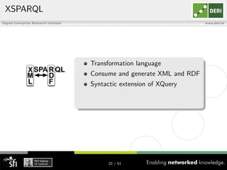 XSPARQL




          Transformation language
          Consume and generate XML and RDF
          Syntactic extension of XQuery




                22 / 51
 