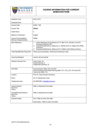 COURSE INFORMATION FOR CURRENT
                                                         SEMESTER/TERM


Academic Year                   2010 / 2011

Semester/Term                   1
Course Code                     KCEC 1106

Course Title                    Statics

Credit Hours                    3

Medium of Instruction           English

Course Pre-requisite(s)/        NONE
Minimum Requirement(s)
Main Reference                  1.   Vector Mechanics for Engineers by F.P. Beer, E.R. Johnston, and E.R.
                                     Eisenberg (McGraw Hill)
                                2.   Engineering Mechanics: Statics by J.L. Meriam and I.G. Kraige (John Wiley
                                     and Sons)
                                3.   Engineering Mechanics: Statics by R.C. Hibbler (John Wiley and Sons)
Teaching Materials/ Equipment   Power point presentation, white board and lecture notes


Learning Strategies             Lecture, lab and tutorial

Student Learning Time           Face to face: 40
                                Guided learning: 4
                                Independent learning: 72


Soft Skills                     Communication Skills: CS1 and CS7
                                Critical Thinking and Problem Solving Skills: CT1, CT2, CT3, CT4 and CT6
                                Team Work Skills: TS1
Lecturer                        Prof. Dr. Imtiaz Ahmed Choudhury

Room                            L6-14, Engineering Tower

Telephone/e-mail                03-79675384 / imtiaz@um.edu.my


Lecture Session:                Refer to department time table
Day/Time
Venue

Tutorial/Practical Session:     Refer to department time table
Day/Time
Venue
Important Dates                 Test : Refer to exam time table

                                Examination : Refer to exam time table




UM-PT01-PK03-BR004(BI)-S03

                                                            89
 