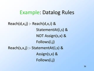 50Context-Sensitivity --- (2)Loops and recursive calls lead to an infinite number of contexts.Generally used only for interprocedural analysis, so forget about loops.Need to collapse strong components of the calling graph to a single group.“Context” becomes the sequence of groups on the calling stack.