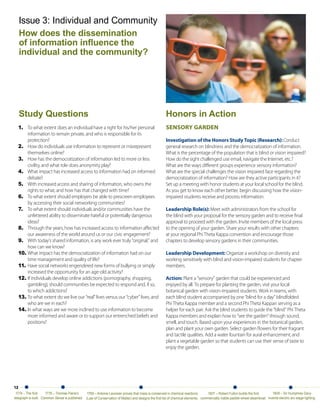 Issue 3: Individual and Community
     How does the dissemination
     of information influence the
     individual and the community?




     Study Questions                                                                                    Honors in Action
  1. To what extent does an individual have a right for his/her personal                                SENSORy GARDEN
      information to remain private, and who is responsible for its
      protection?                                                                                       Investigation of the Honors Study Topic (Research): Conduct
  2. How do individuals use information to represent or misrepresent                                    general research on blindness and the democratization of information.
      themselves online?                                                                                What is the percentage of the population that is blind or vision impaired?
  3. How has the democratization of information led to more or less                                     How do the sight challenged use email, navigate the Internet, etc.?
      civility, and what role does anonymity play?                                                      What are the ways different groups experience sensory information?
  4. What impact has increased access to information had on informed                                    What are the special challenges the vision impaired face regarding the
      debate?                                                                                           democratization of information? How are they active participants in it?
  5. With increased access and sharing of information, who owns the                                     Set up a meeting with honor students at your local school for the blind.
      rights to what, and how has that changed with time?                                               As you get to know each other better, begin discussing how the vision-
  6. To what extent should employers be able to prescreen employees                                     impaired students receive and process information.
      by accessing their social networking communities?
  7. To what extent should individuals and/or communities have the                                      Leadership Role(s): Meet with administrators from the school for
      unfettered ability to disseminate hateful or potentially dangerous                                the blind with your proposal for the sensory garden and to receive final
      ideas?                                                                                            approval to proceed with the garden. Invite members of the local press
  8. Through the years, how has increased access to information affected                                to the opening of your garden. Share your results with other chapters
      our awareness of the world around us or our civic engagement?                                     at your regional Phi Theta Kappa convention and encourage those
  9. With today’s shared information, is any work ever truly “original,” and                            chapters to develop sensory gardens in their communities.
      how can we know?
  10. What impact has the democratization of information had on our                                     Leadership Development: Organize a workshop on diversity and
      time management and quality of life?                                                              working sensitively with blind and vision-impaired students for chapter
  11. Have social networks engendered new forms of bullying or simply                                   members.
      increased the opportunity for an age-old activity?
  12. If individuals develop online addictions (pornography, shopping,                                  Action: Plant a “sensory” garden that could be experienced and
      gambling), should communities be expected to respond and, if so,                                  enjoyed by all. To prepare for planting the garden, visit your local
      to which addictions?                                                                              botanical garden with vision-impaired students. Work in teams, with
  13. To what extent do we live our “real” lives versus our “cyber” lives, and                          each blind student accompanied by one “blind for a day” blindfolded
      who are we in each?                                                                               Phi Theta Kappa member and a second Phi Theta Kappan serving as a
  14. In what ways are we more inclined to use information to become                                    helper for each pair. Ask the blind students to guide the “blind” Phi Theta
      more informed and aware or to support our entrenched beliefs and                                  Kappa members and explain how to “see the garden” through sound,
      positions?                                                                                        smell, and touch. Based upon your experiences in the botanical garden,
                                                                                                        plan and plant your own garden. Select garden flowers for their fragrant
                                                                                                        and tactile qualities. Add a water fountain for aural enhancement, and
                                                                                                        plant a vegetable garden so that students can use their sense of taste to
                                                                                                        enjoy the garden.




12
 1774 – The first     1776 – Thomas Paine’s    1789 – Antoine Lavoisier proves that mass is conserved in chemical reactions        1807 – Robert Fulton builds the first       1809 – Sir Humphrey Davy
telegraph is built. Common Sense is published. (Law of Conservation of Matter) and designs the first list of chemical elements. commercially viable paddle-wheel steamboat. invents electric arc stage lighting.
 