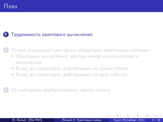 План



1   Трудоемкость квантового вычисления


2   Точная реализация унитарных операторов квантовыми схемами
      Обратимые вычисления: мостик между классическими и
      квантовыми
      Базис из операторов, действующих на одном кубите
      Базис из операторов, действующих на двух кубитах


3   Об унитарных преобразованиях одного кубита




    М. Вялый (ВЦ РАН)    Лекция 6: Квантовые схемы   Санкт-Петербург, 2011   2 / 36
 
