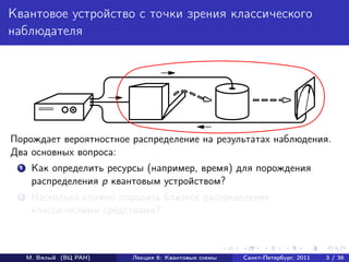 Квантовое устройство с точки зрения классического
наблюдателя




Порождает вероятностное распределение на результатах наблюдения.
Два основных вопроса:
 1    Как определить ресурсы (например, время) для порождения
      распределения p квантовым устройством?
 2    Насколько сложно породить близкое распределение
      классическими средствами?



     М. Вялый (ВЦ РАН)   Лекция 6: Квантовые схемы   Санкт-Петербург, 2011   3 / 36
 
