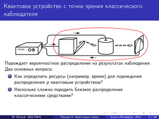 Квантовое устройство с точки зрения классического
наблюдателя




Порождает вероятностное распределение на результатах наблюдения.
Два основных вопроса:
 1    Как определить ресурсы (например, время) для порождения
      распределения p квантовым устройством?
 2    Насколько сложно породить близкое распределение
      классическими средствами?



     М. Вялый (ВЦ РАН)   Лекция 6: Квантовые схемы   Санкт-Петербург, 2011   3 / 36
 