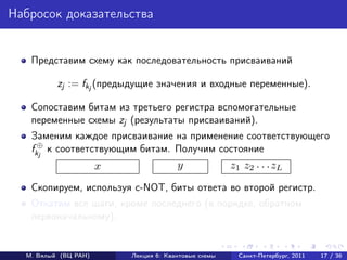 Набросок доказательства


   Представим схему как последовательность присваиваний

          zj := fkj (предыдущие значения и входные переменные).

   Сопоставим битам из третьего регистра вспомогательные
   переменные схемы zj (результаты присваиваний).
   Заменим каждое присваивание на применение соответствующего
   fk⊕ к соответствующим битам. Получим состояние
     j

                      x                y              z1 z2 . . . zL
   Скопируем, используя c-NOT, биты ответа во второй регистр.
   Откатим все шаги, кроме последнего (в порядке, обратном
   первоначальному).


  М. Вялый (ВЦ РАН)       Лекция 6: Квантовые схемы     Санкт-Петербург, 2011   17 / 36
 