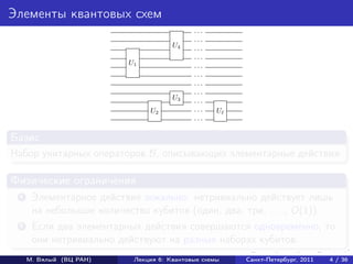Элементы квантовых схем
                                            ...
                                            ...
                                      U4    ...
                                            ...
                          U1                ...
                                            ...
                                            ...
                                            ...
                                      U3    ...
                               U2           ...    U
                                            ...

Базис
Набор унитарных операторов B, описывающих элементарные действия.

Физические ограничения
 1    Элементарное действие локально: нетривиально действует лишь
      на небольшое количество кубитов (один, два, три, . . . , O(1)).
 2    Если два элементарных действия совершаются одновременно, то
      они нетривиально действуют на разных наборах кубитов.
     М. Вялый (ВЦ РАН)     Лекция 6: Квантовые схемы   Санкт-Петербург, 2011   4 / 36
 